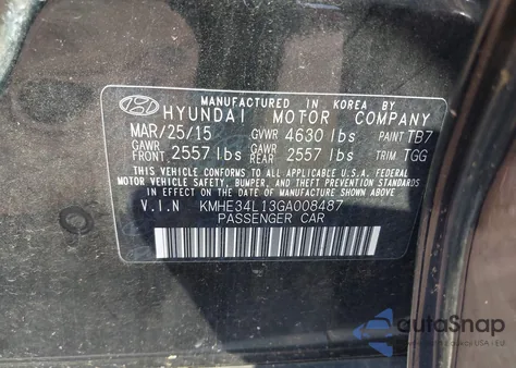 2016 Hyundai Sonata Hybrid Limited z USA, uszkodzony, nr VIN KMHE34L13GA008487